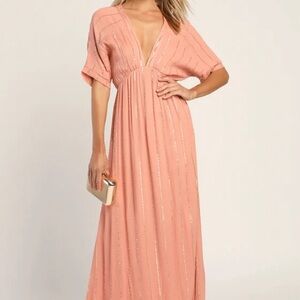 Lulu's Goddess Vibes Rusty Rose Gold Striped Maxi Dress